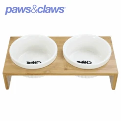 CERAMIC PET CAT DOUBLE BOWLBAMBOO BASE23.5X12X7CM 300ML -Stacked Store 21757