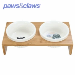 CERAMIC PET CAT DOUBLE BOWLBAMBOO BASE23.5X12X7CM 300ML -Stacked Store 21757 4