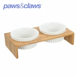 CERAMIC PET CAT DOUBLE BOWLBAMBOO BASE23.5X12X7CM 300ML -Stacked Store 21757 5
