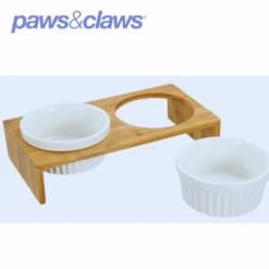 CERAMIC PET CAT DOUBLE BOWLBAMBOO BASE23.5X12X7CM 300ML -Stacked Store 21757 6