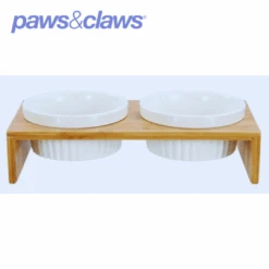 CERAMIC PET CAT DOUBLE BOWLBAMBOO BASE23.5X12X7CM 300ML -Stacked Store 21757 7