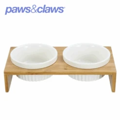 CERAMIC PET CAT DOUBLE BOWLBAMBOO BASE23.5X12X7CM 300ML -Stacked Store 21757 8