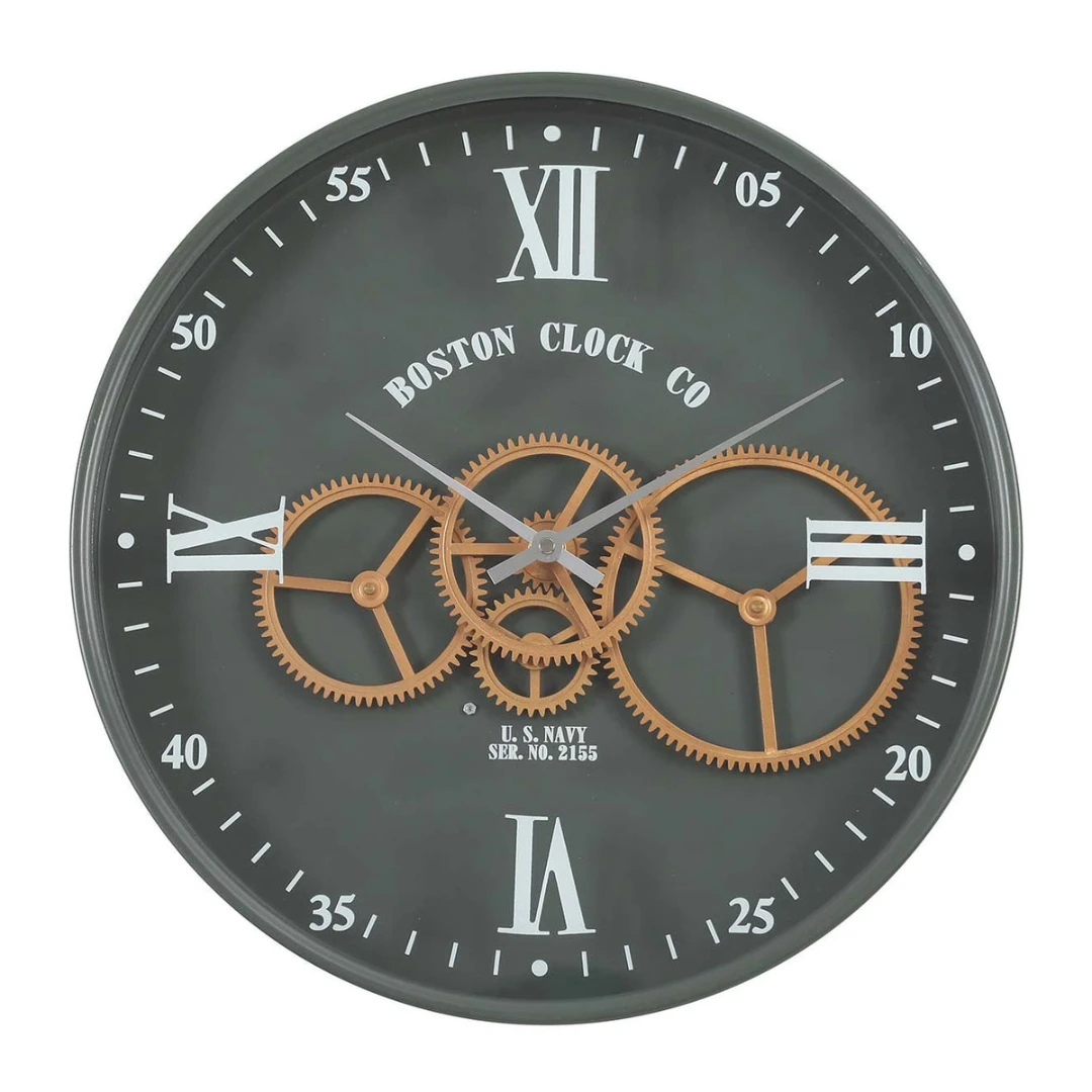 Boston Navy Round Exposed Movement Gear Wall Clock 40cm Army Metal Green - Image 2