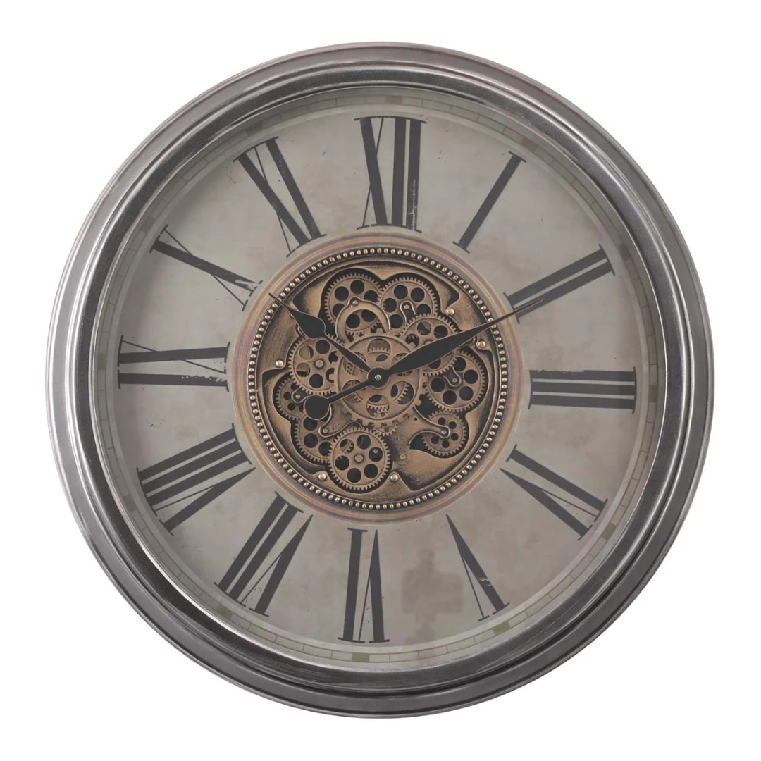Round Antique Roman Exposed Gear Clock Silver 82.5cm Washed Beige - Image 2