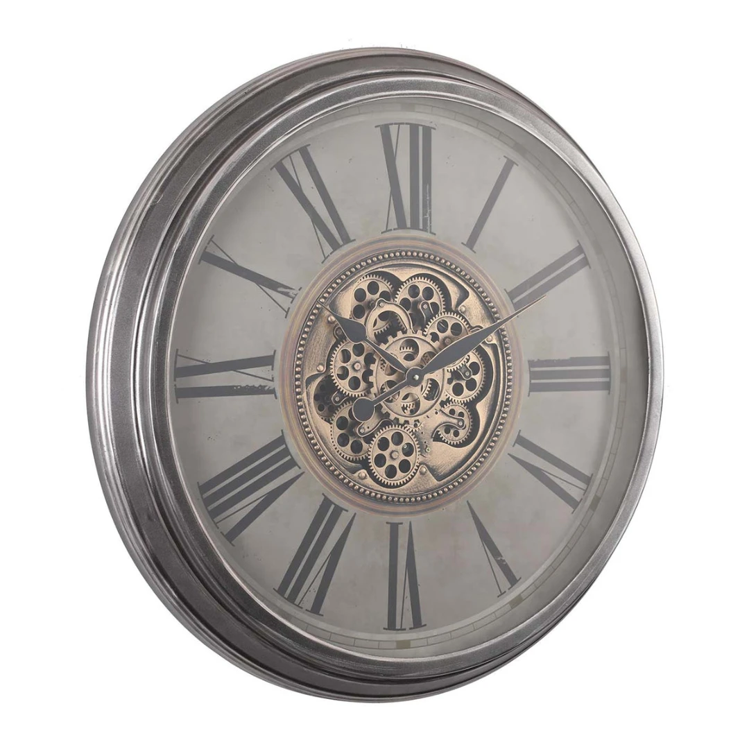 Round Antique Roman Exposed Gear Clock Silver 82.5cm Washed Beige - Image 3