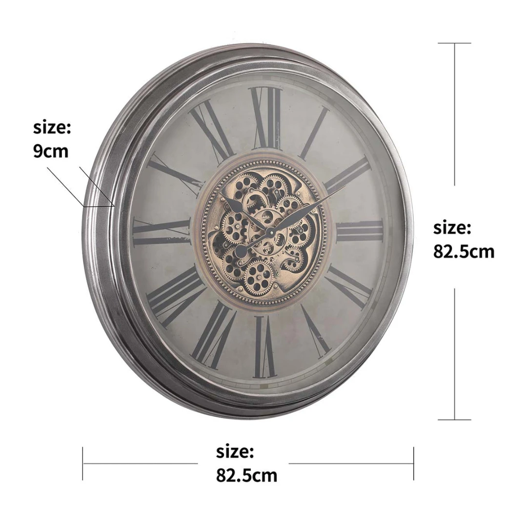 Round Antique Roman Exposed Gear Clock Silver 82.5cm Washed Beige - Image 8