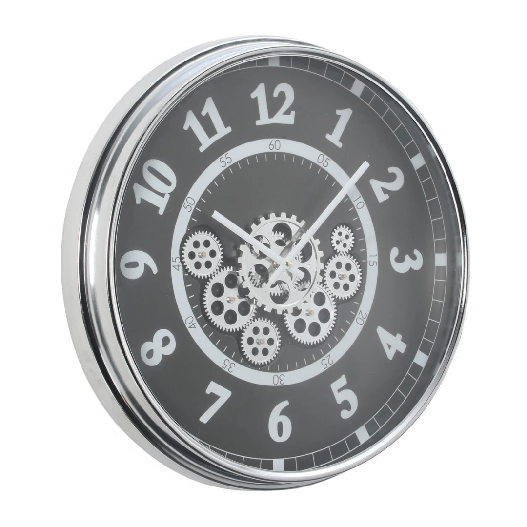 Wall Clock Round Dylan Modern Industrial Moving Cogs Silver Metal Black 54cm - Image 3