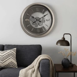 Round Lark Industrial Exposed Gear Movement Wall Clock 62cm Silver Wash