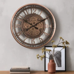 Round Lucas Industrial Exposed Gear Clock 55cm Copper Wash
