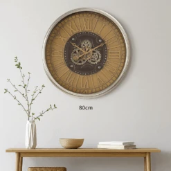 Round Persian Exposed Gear Clock 80cm Rustic Silver